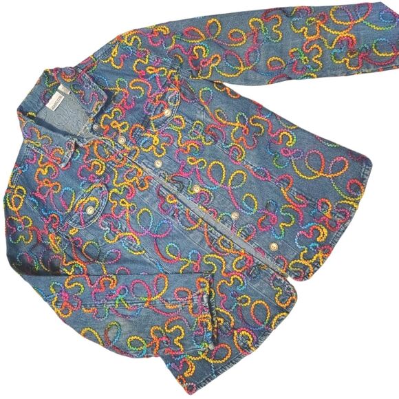 Chico's Colorful Long Sleeve Blue Denim Jacket Embroidery Artwork Size M/8 - Picture 1 of 14